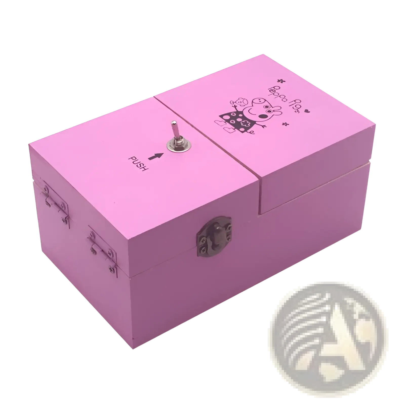 Pink Peppa Pig-themed wooden useless box electronic toy with silver crank and latch for interactive play
