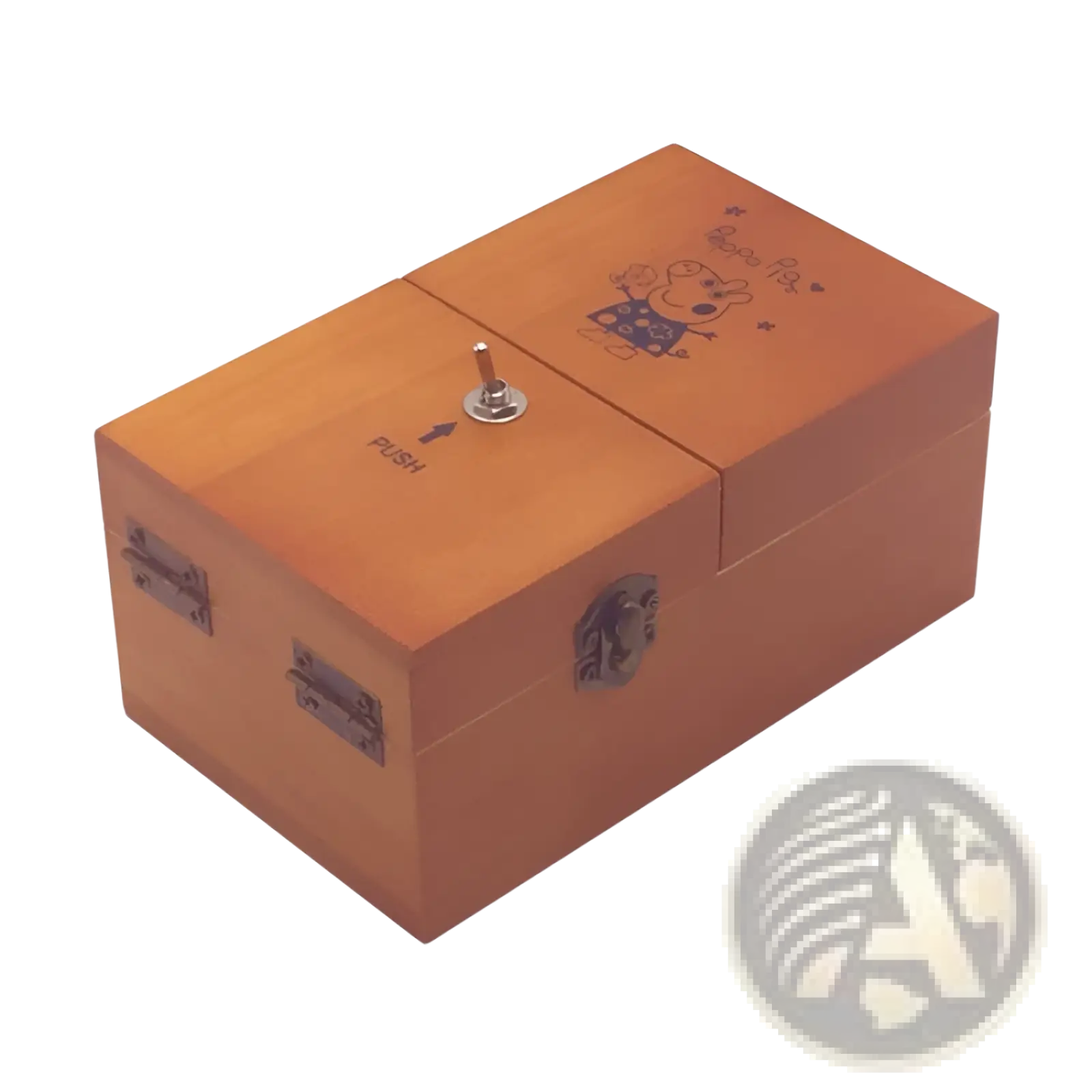 A warm-toned wooden useless box electronic toy with a silver push button metal latches and a peppa pig music box design