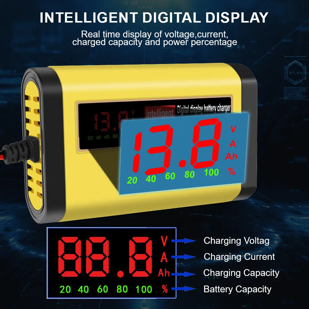 Cargador inteligente para batería de automóvil de 12 V amarillo y negro de 2 A, AGM y gel, con pantalla digital inteligente, que muestra voltaje, corriente, capacidad y porcentaje en números LED rojos.