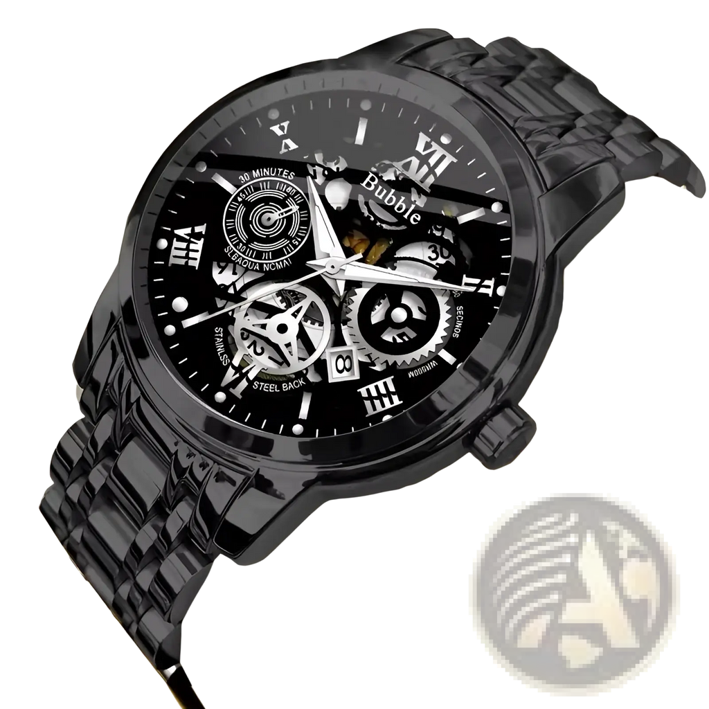Uthai Men Quartz skeleton watch V009 in black stainless steel with glossy finish, exposed gears, and roman numeral face