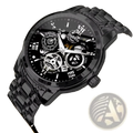 Uthai Men Quartz skeleton watch V009 in black stainless steel with glossy finish, exposed gears, and roman numeral face