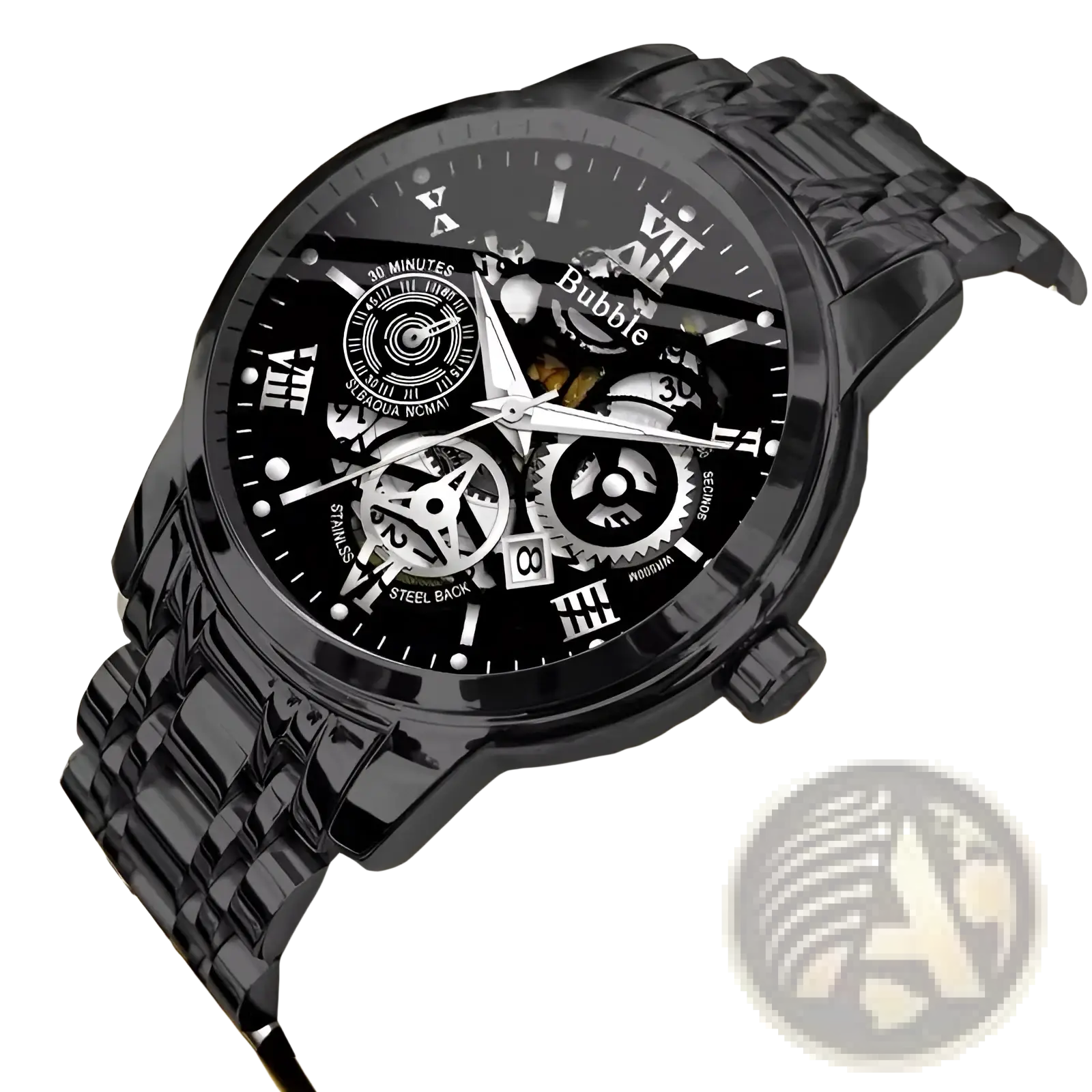 Uthai Men Quartz skeleton watch V009 in black stainless steel with glossy finish, exposed gears, and roman numeral face