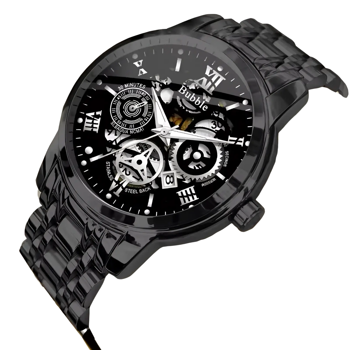 Uthai Men Quartz skeleton watch V009 in black stainless steel with glossy finish, exposed gears, and roman numeral face