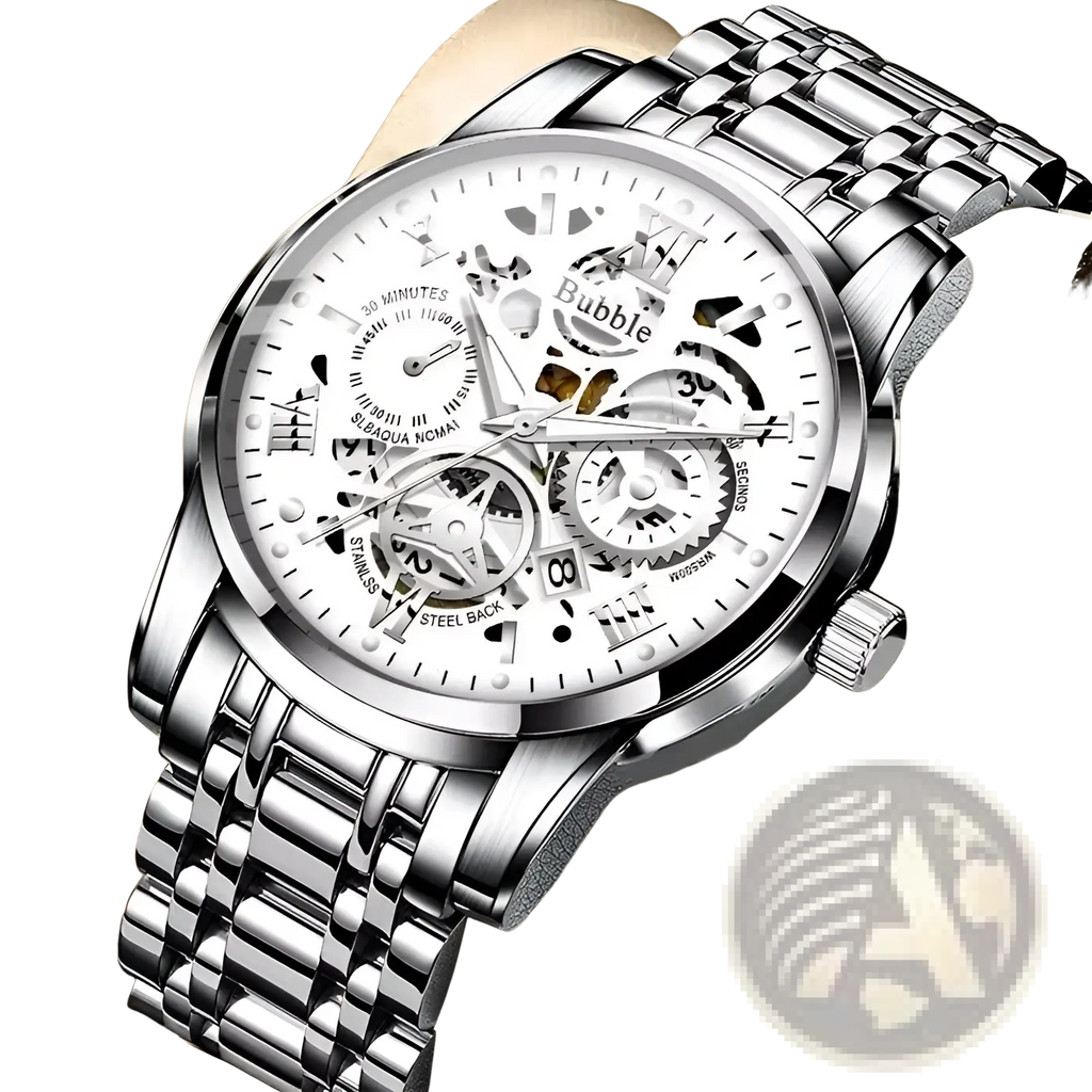 Silver-tone uthai men quartz skeleton watch with white dial exposed mechanical gears and bubble brand name