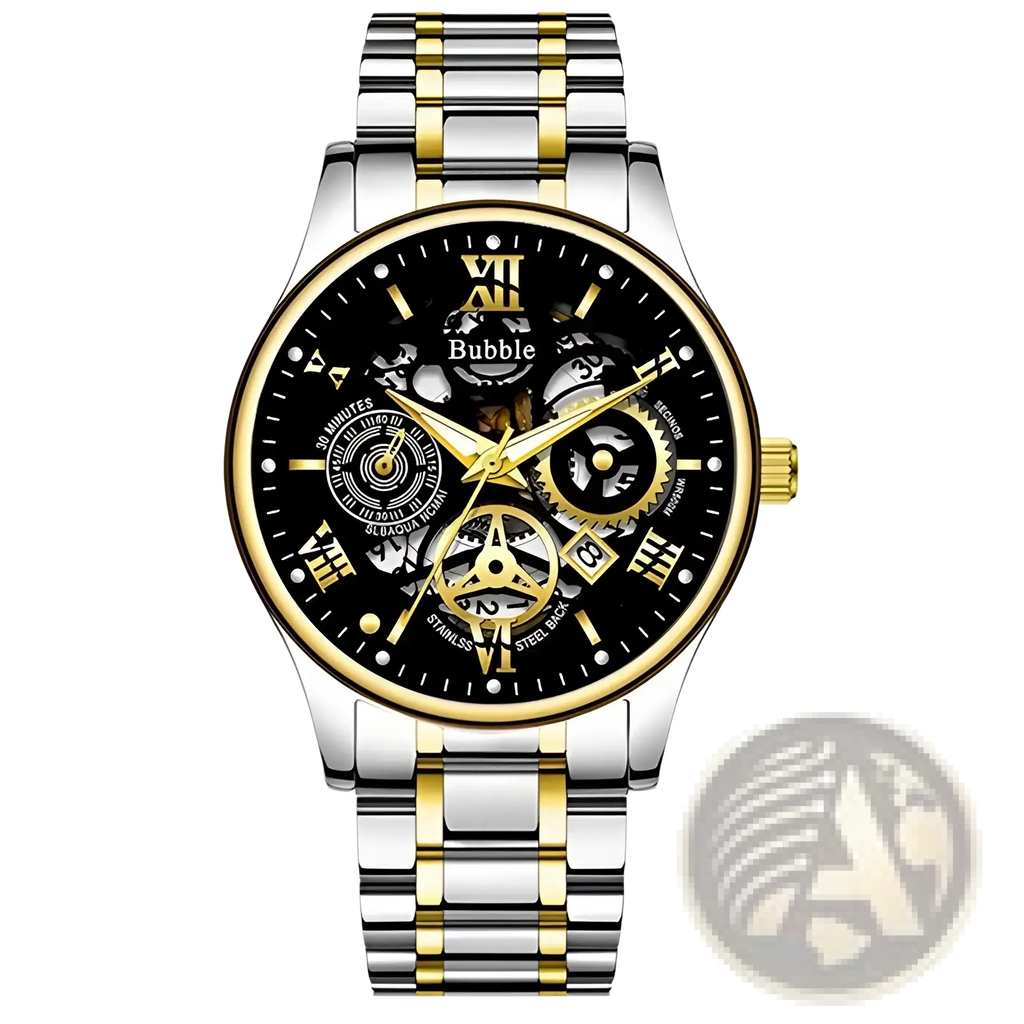 Uthai men quartz skeleton watch V009 with silver and gold two-tone steel, black dial, roman numerals, and exposed gears