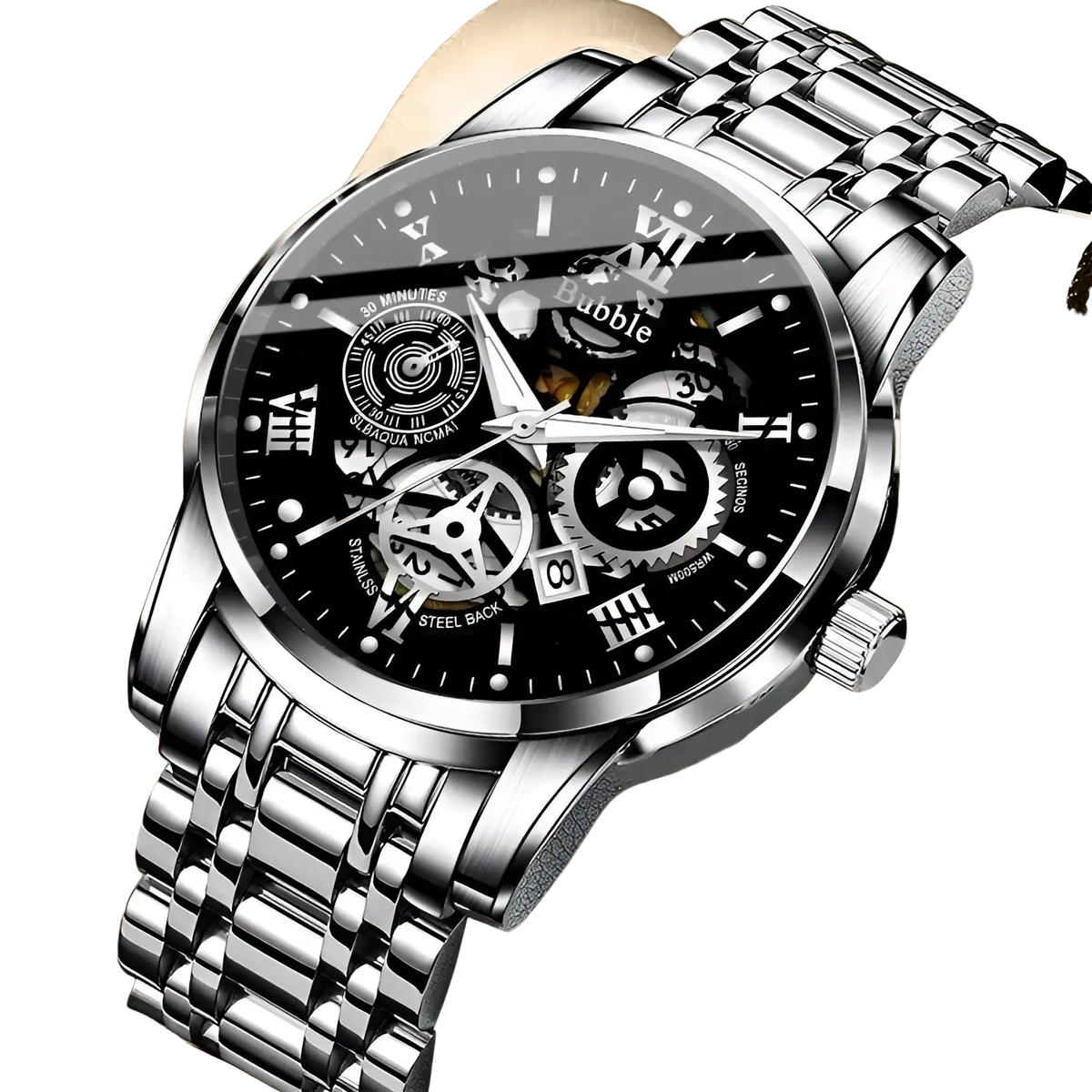 Uthai men quartz skeleton watch two tone steel with silver-toned case black dial roman numeral markers and exposed gears