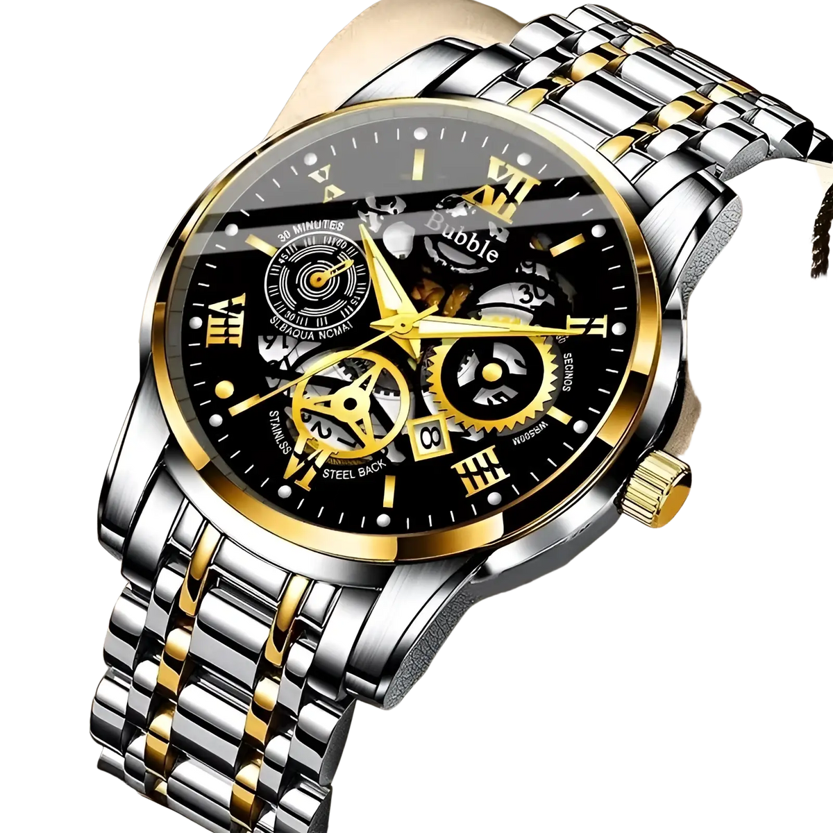 Uthai men quartz skeleton watch two tone steel with gold accents black dial roman numerals and exposed mechanical gears