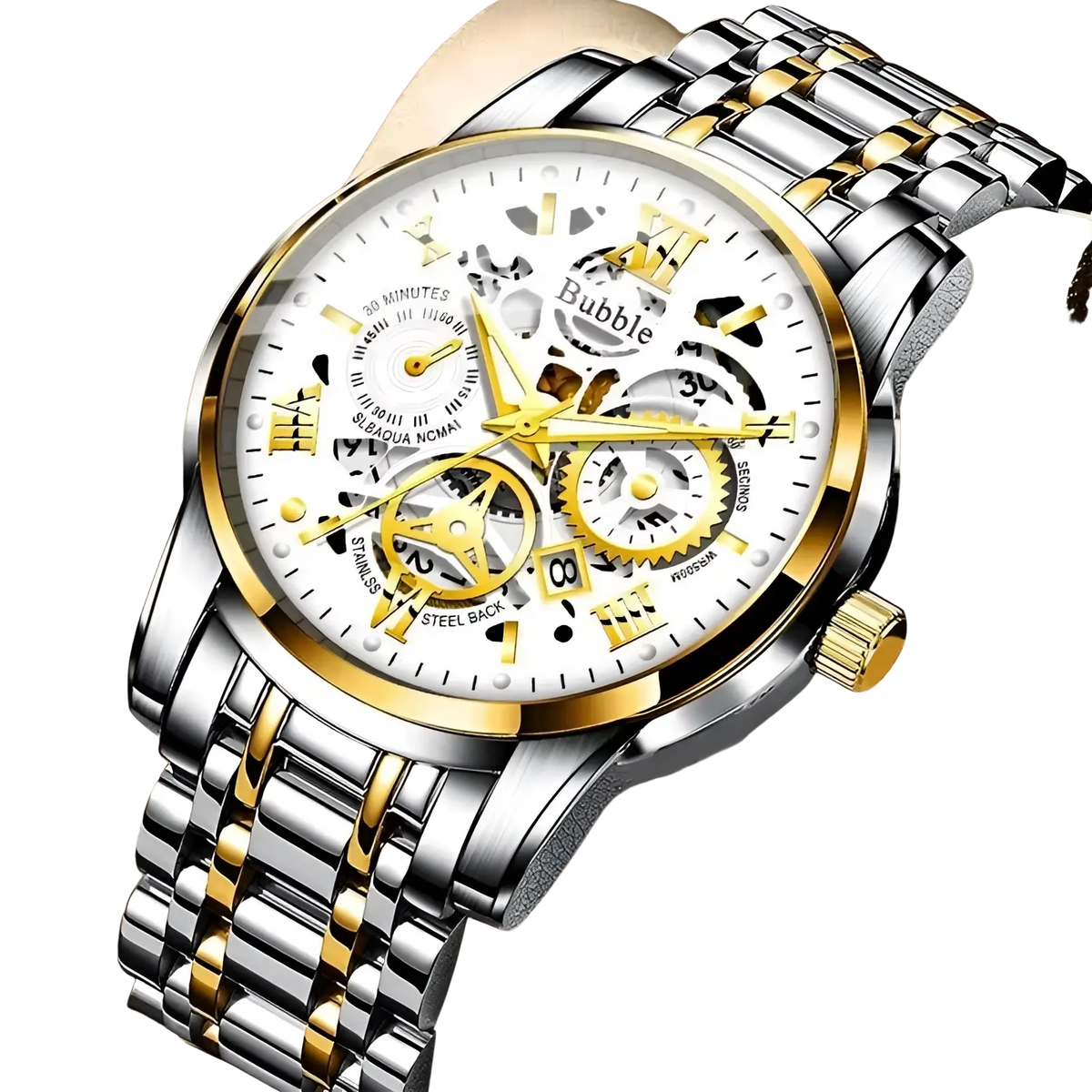 Uthai men quartz skeleton watch two tone steel with gold accents white dial exposed gears roman numerals and bubble logo