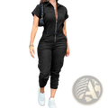 Black short-sleeved utility jumpsuit for women with cargo pockets and front zipper in durable fabric