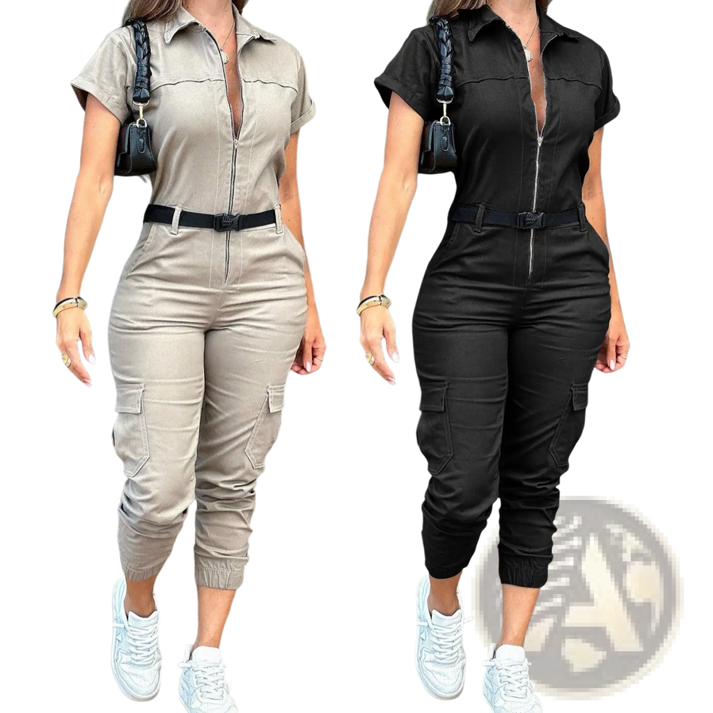Beige and black short-sleeved utility jumpsuits with front zippers cargo pockets and elastic cuffs for women