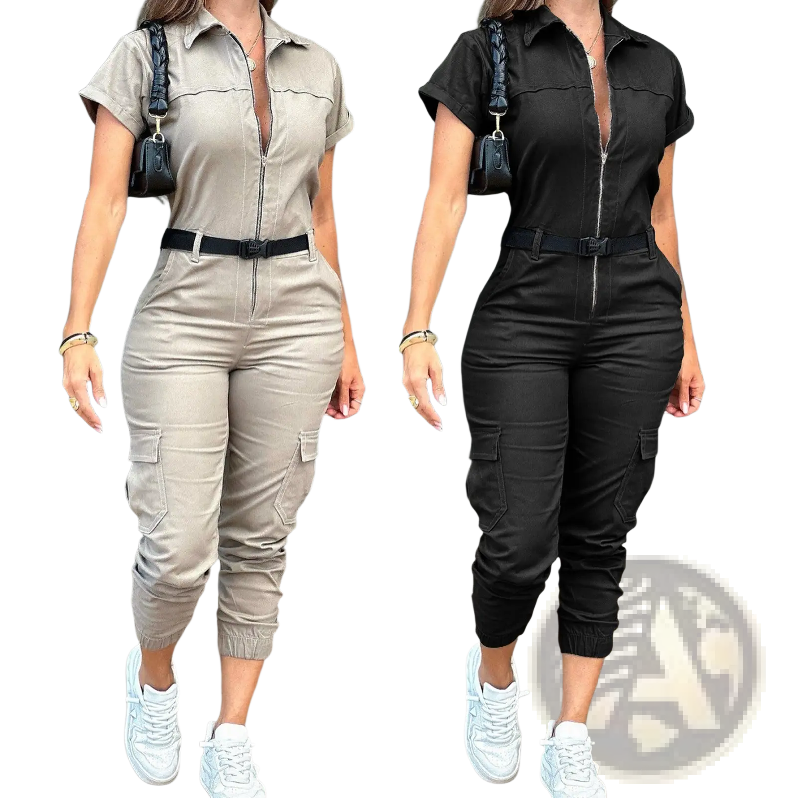 Beige and black short-sleeved utility jumpsuits with front zippers cargo pockets and elastic cuffs for women