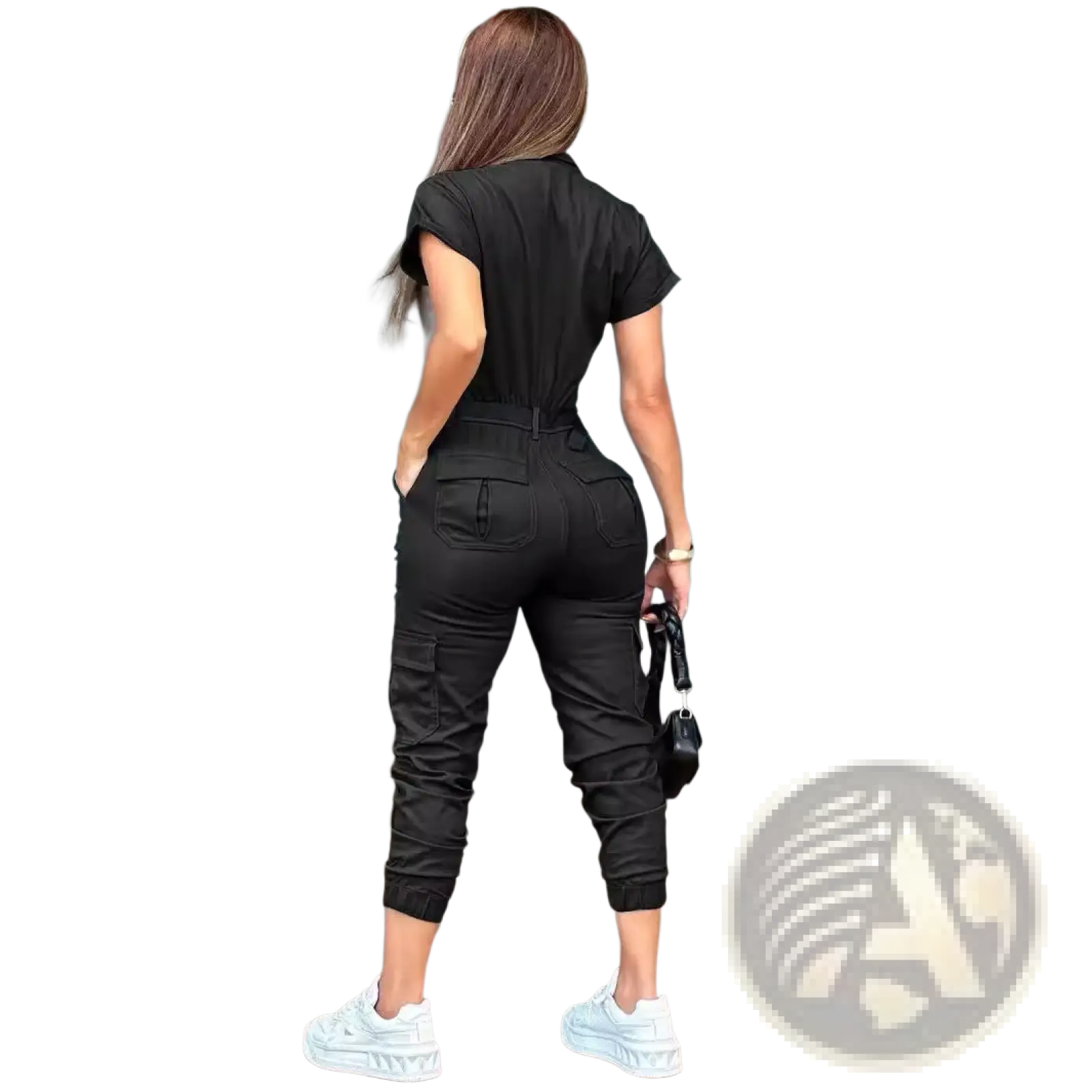 Black utility jumpsuit for women with short sleeves cargo pockets and cuffed ankles in durable fabric