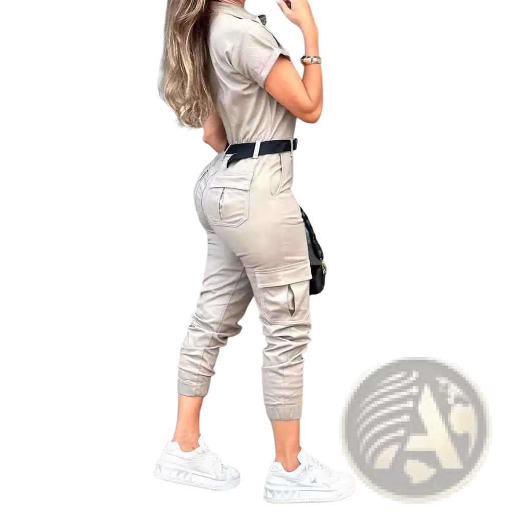 Beige utility jumpsuit for women with short sleeves, cargo pockets, and a black belt for practical use
