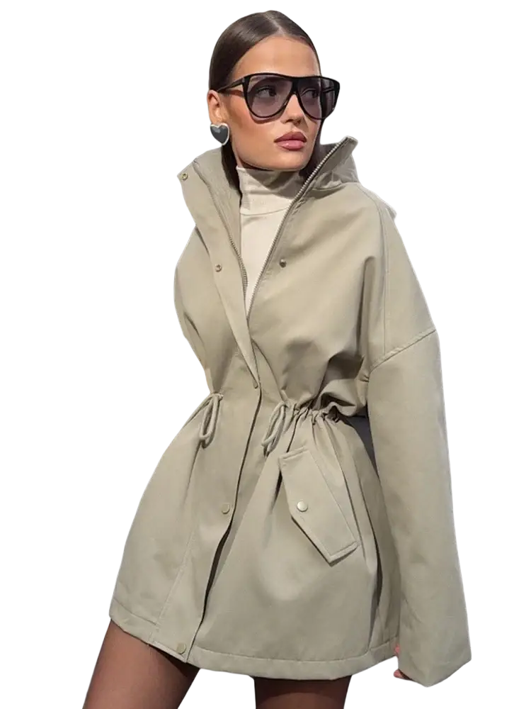 Beige utility trench coat with stand collar, drawstring waist, hood, and front pockets for casual wear