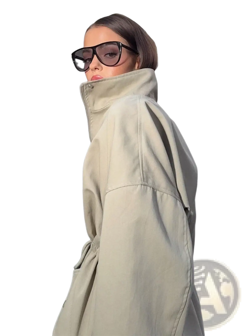 Beige oversized utility trench coat with high collar and drawstring waist ideal for stylish outerwear