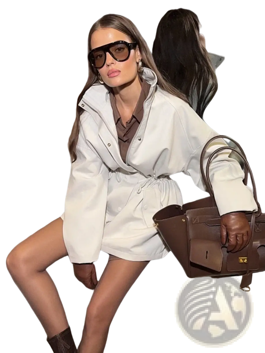 Brown leather handbag with gold hardware paired with utility trench coat stand collar drawstring waist design