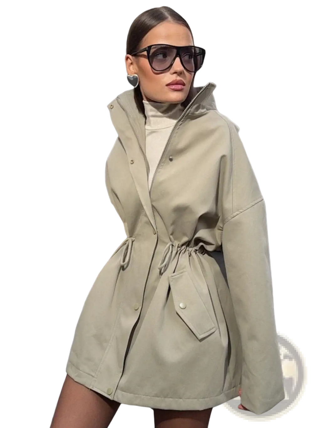 Beige utility trench coat with stand collar, drawstring waist, hood, and front pockets for casual wear