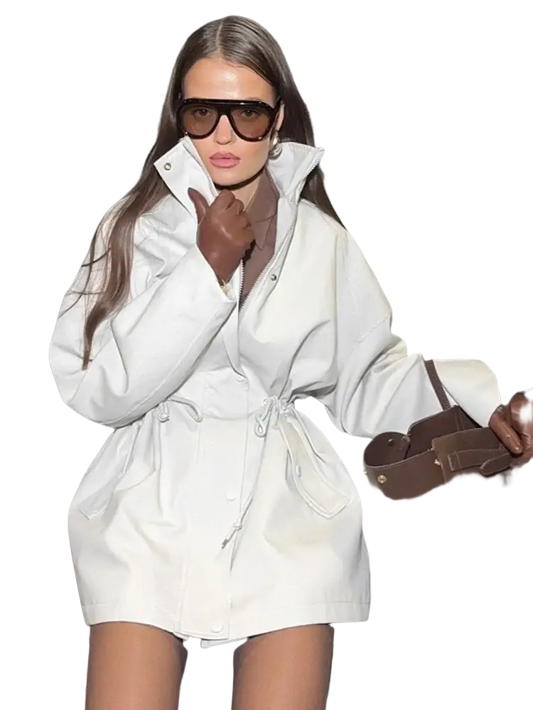 White utility trench coat with belted waist large pockets stand collar and drawstring waist in durable fabric