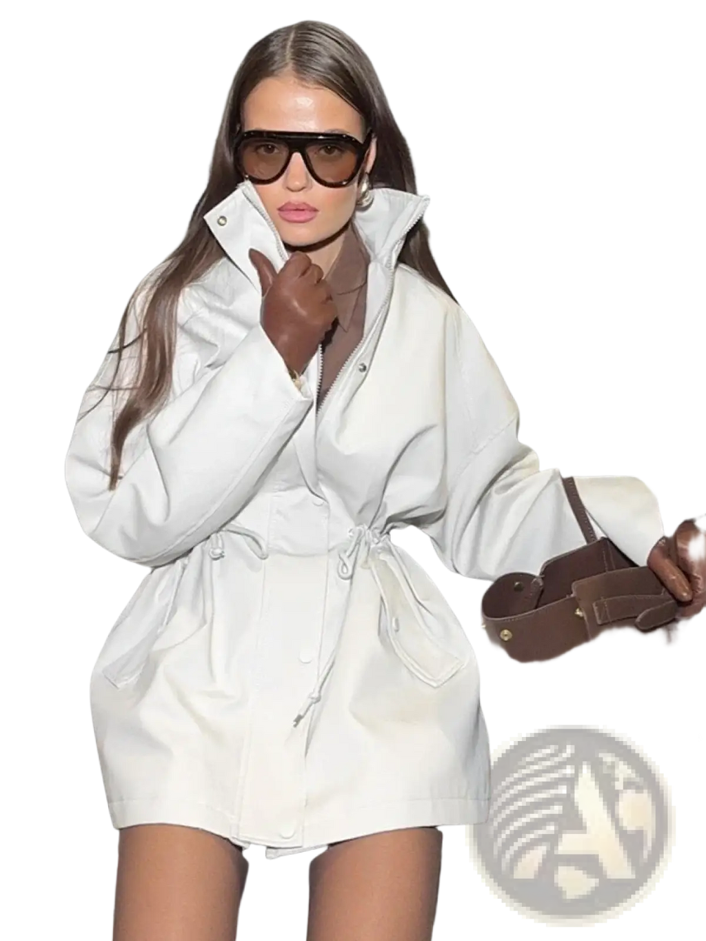 White utility trench coat with belted waist large pockets stand collar and drawstring waist in durable fabric