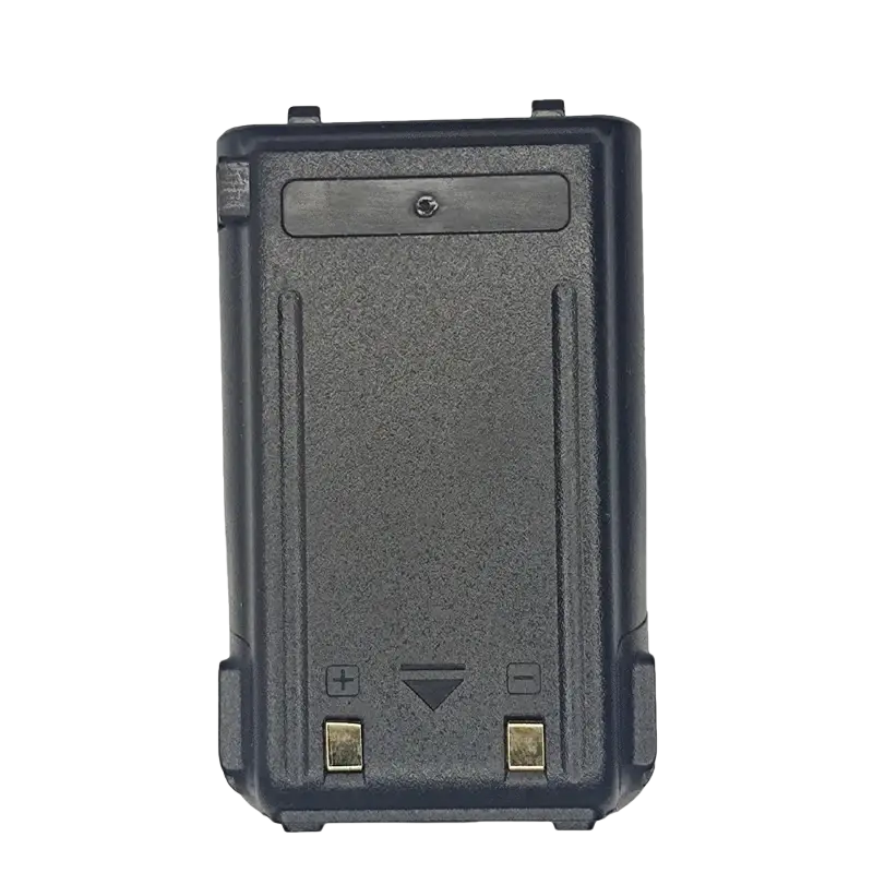 Black uv-10r battery with textured surface and gold-colored terminals for usb rechargeable walkie talkie use