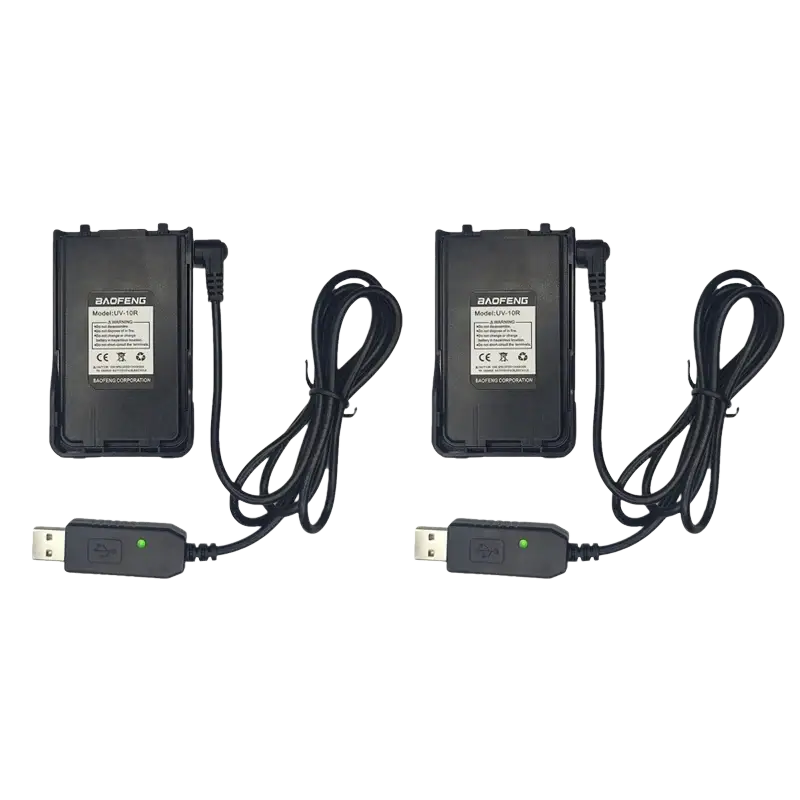 Black plastic daofeng uv-10r battery chargers with coiled usb cables and green indicator lights for uv-10r walkie talkie batteries