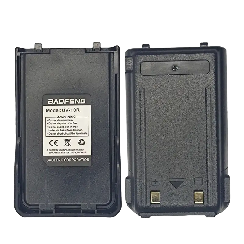 Black plastic uv-10r battery pack with textured surface and gold terminals for usb rechargeable walkie talkie