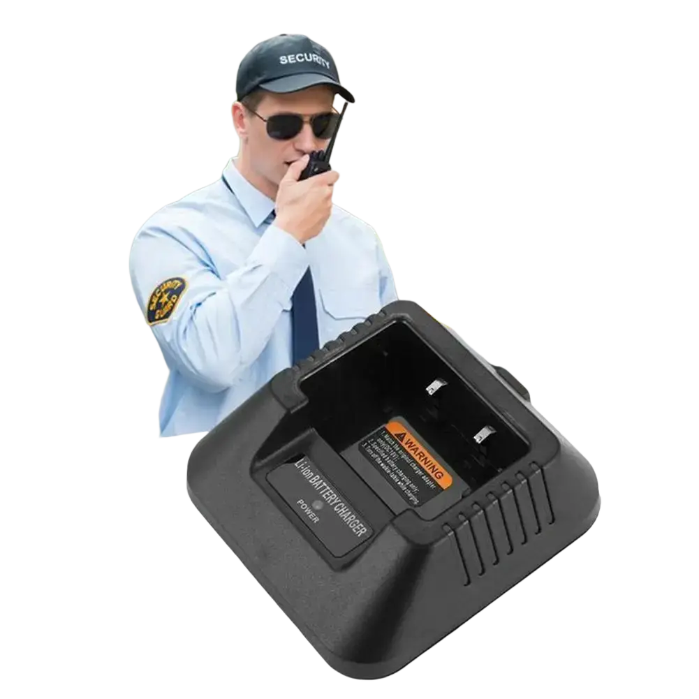 Black plastic uv-5r charger base for baofeng walkie talkie with warning label and power indicator light