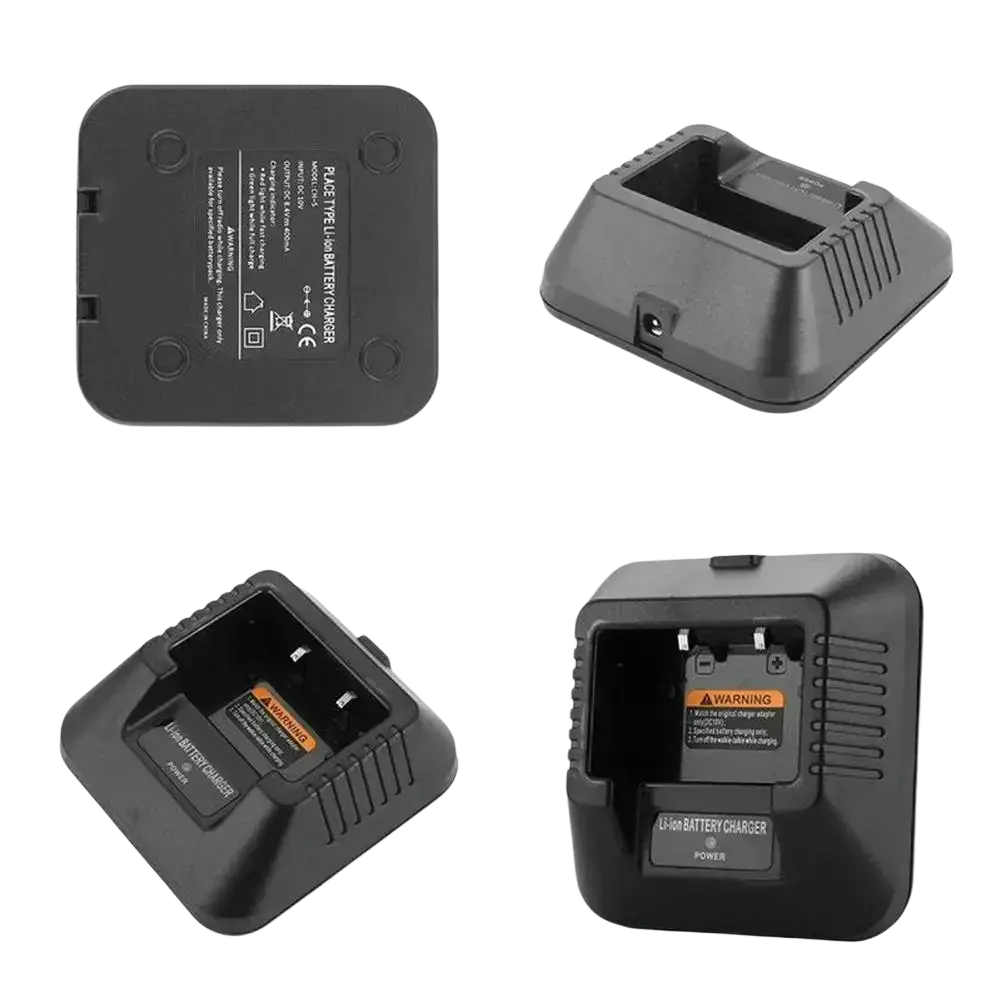 Black plastic li-ion charger base with textured sides and molded slots for secure placement of uv-5r walkie talkie