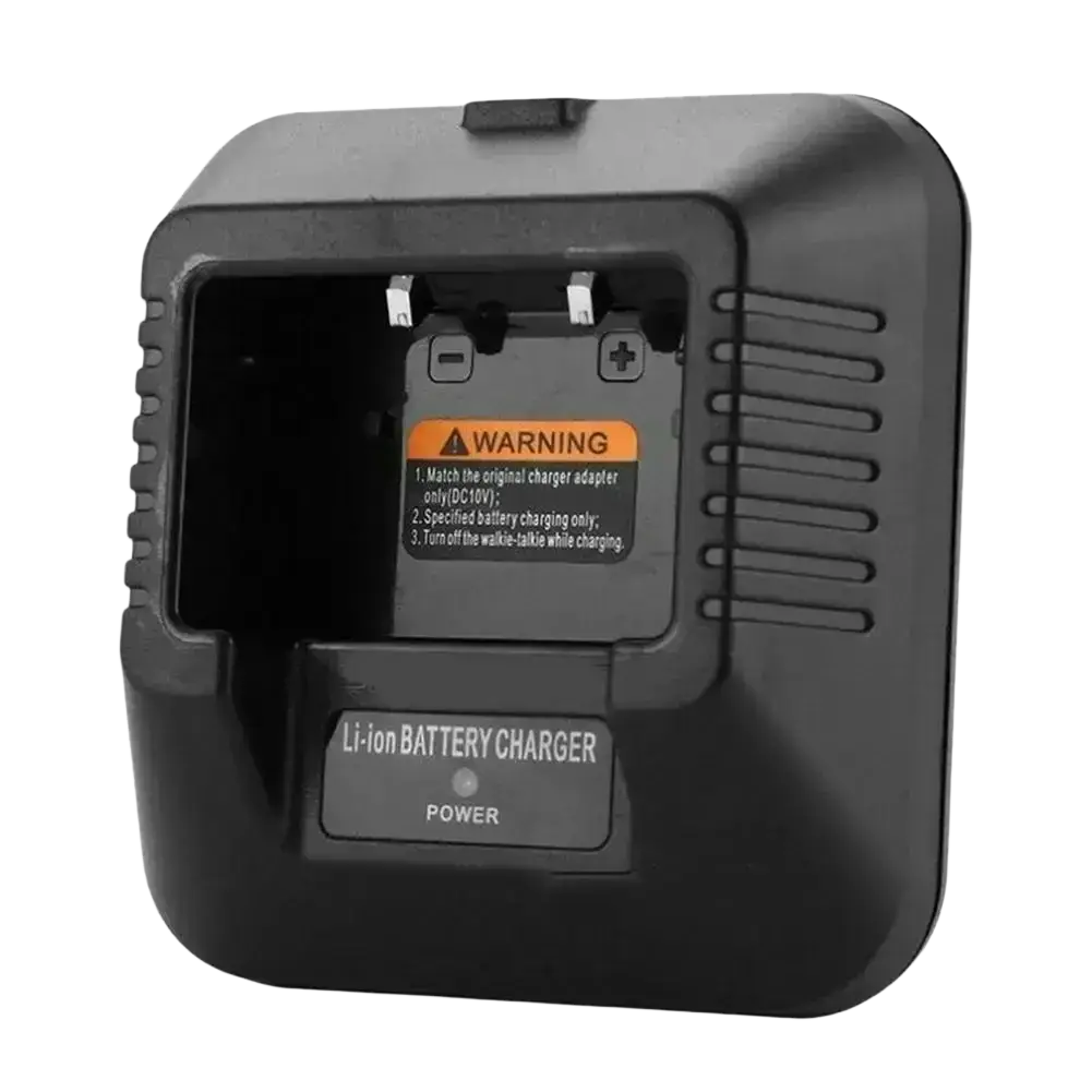 Black plastic uv-5r charger base for baofeng walkie talkie with power button and warning label visible