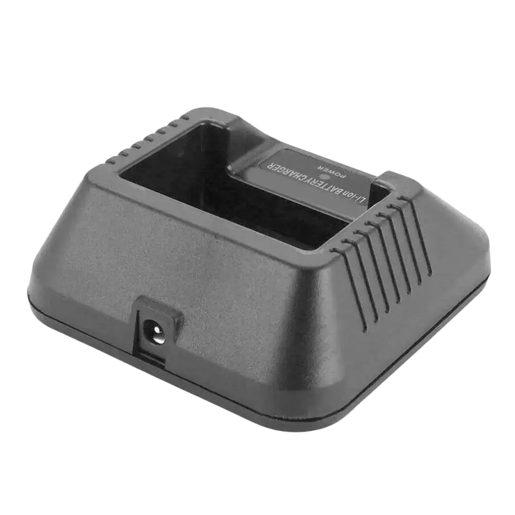Black plastic uv-5r charger base with rectangular slot and ridged sides for baofeng 5ra 5re walkie talkie batteries