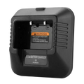 Black plastic uv-5r charger base with power button and warning label for baofeng walkie talkie batteries