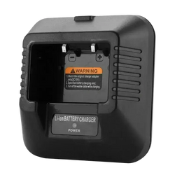 Black plastic uv-5r charger base with power button and warning label for baofeng walkie talkie batteries
