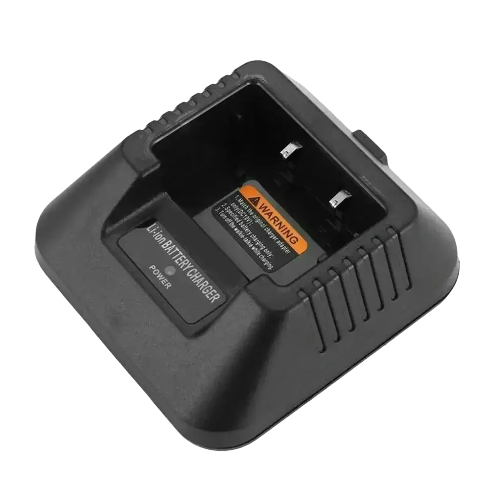 Black plastic uv-5r charger base with textured edges and warning label for baofeng walkie talkie battery charging