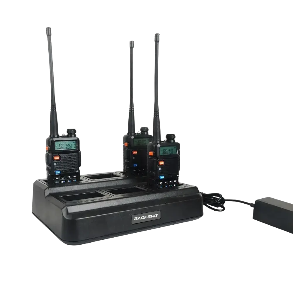 Black baofeng uv-5r walkie talkie six way charger bl-5x6 with three slots holding black handheld radios