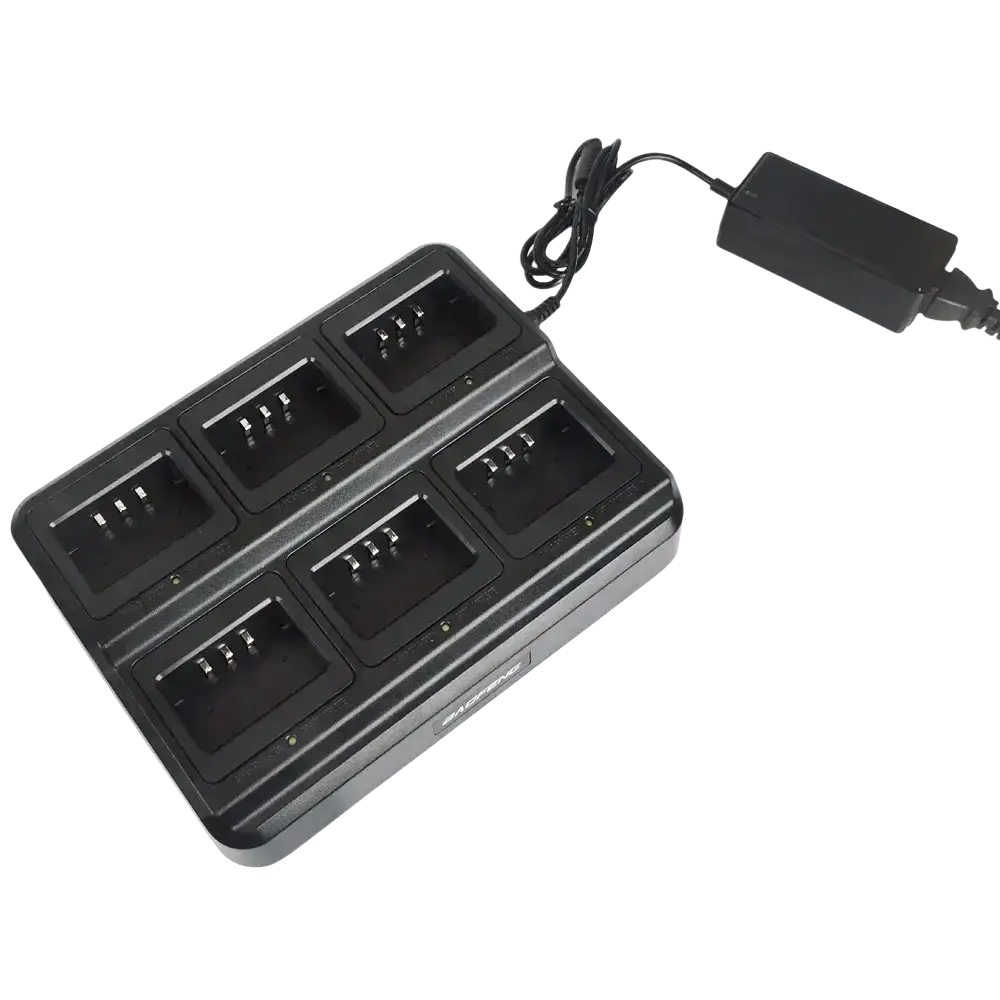 Black plastic uv-5r walkie talkie six way charger bl-5x6 with six charging slots and power adapter