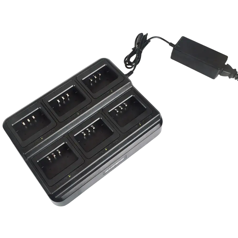 Black plastic uv-5r walkie talkie bl-5x6 six way charger with six slots and power adapter for efficient charging