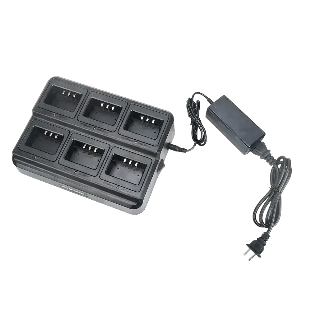 Black plastic uv-5r walkie talkie six way charger bl-5x6 with six battery slots and matching power adapter