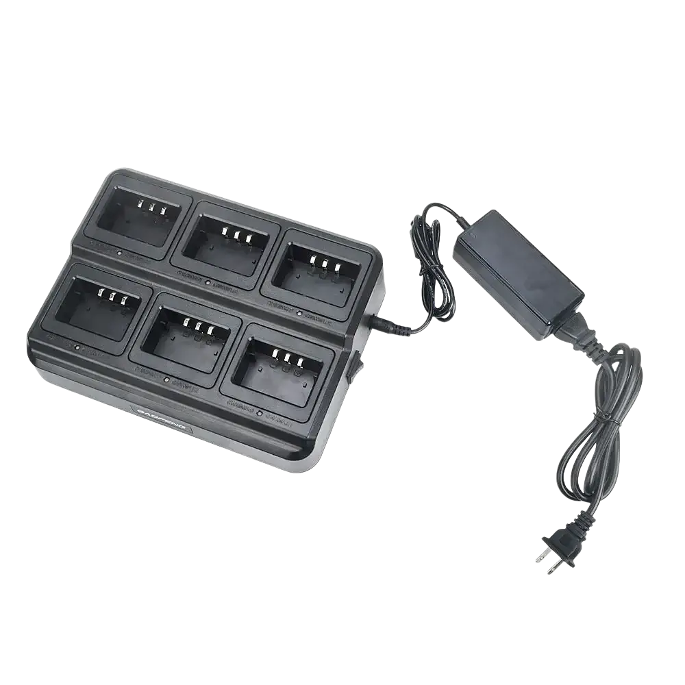 Black plastic uv-5r walkie talkie six way charger bl-5x6 with six battery slots and matching power adapter