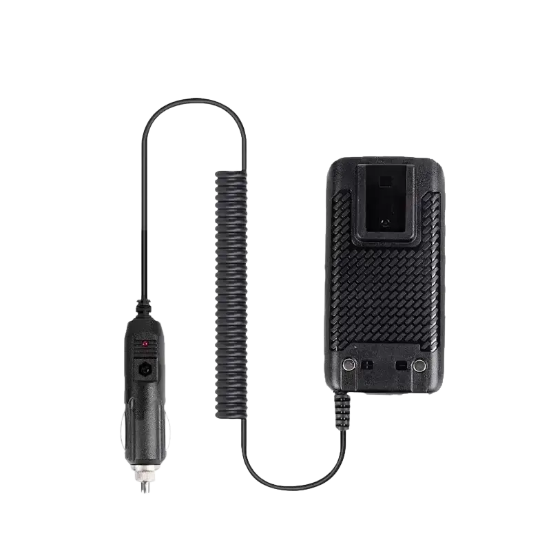Uv-k5 battery eliminator car charger black with coiled cable and textured grip for efficient power delivery
