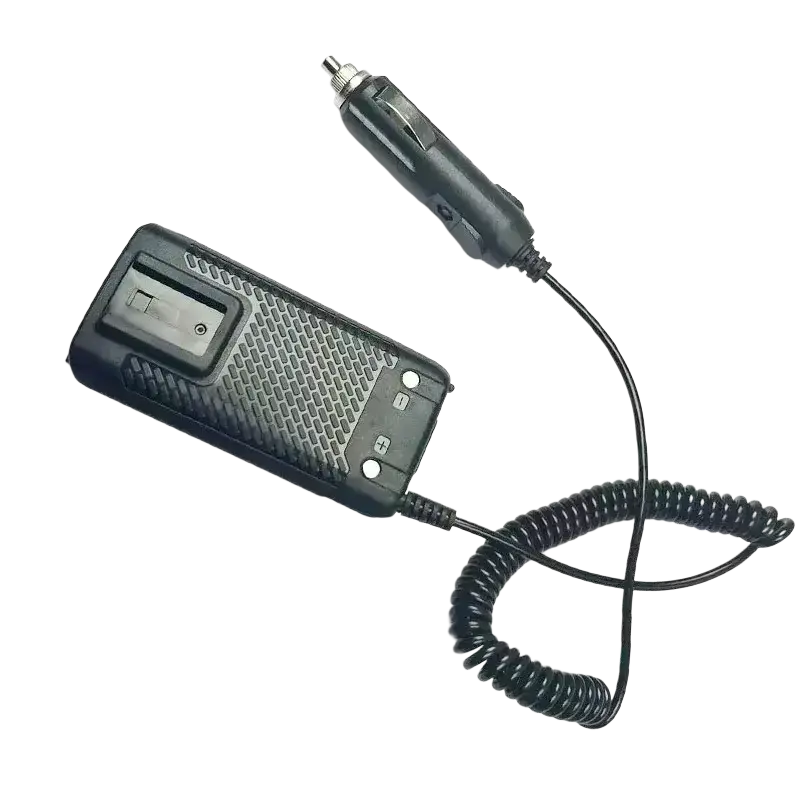 Uv-k5 battery eliminator car charger in black with coiled cable and textured grip for efficient power delivery
