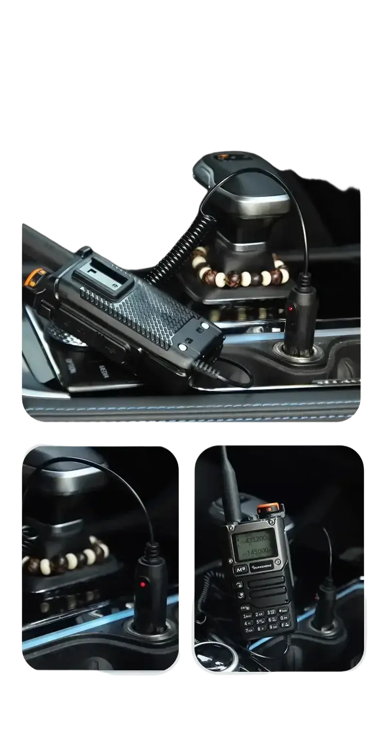 Black rugged walkie-talkie with textured grip and digital display connected to uv-k5 battery eliminator car charger via coiled cable