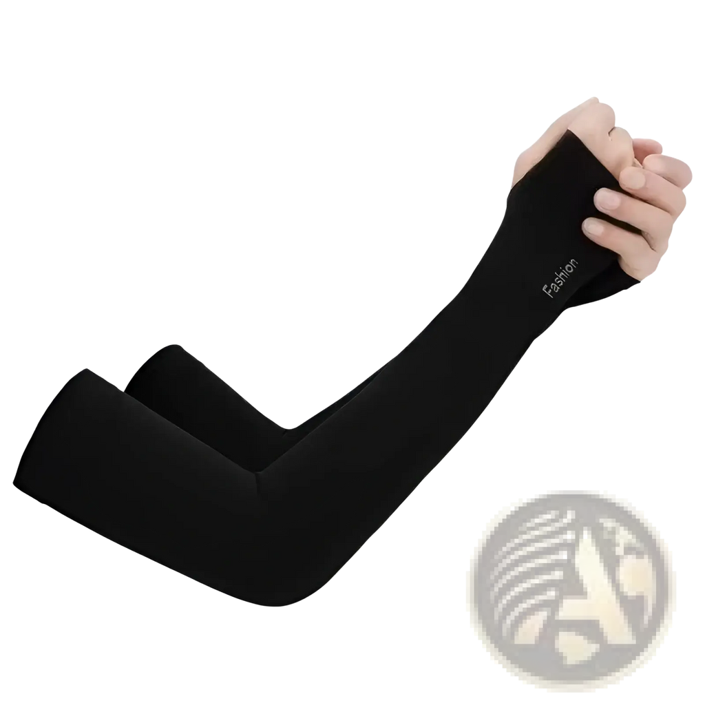 Black sleek form-fitting uv protection cooling arm sleeves for driving with subtle fashion logo embroidered near the wrist