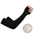 Black sleek form-fitting uv protection cooling arm sleeves for driving with subtle fashion logo embroidered near the wrist