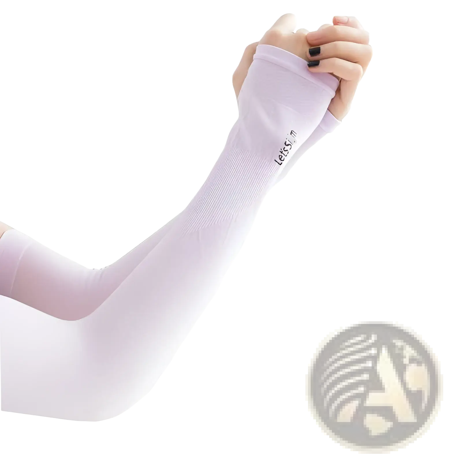 Light purple sheer cooling arm sleeve with ribbed texture and lessslim branding for uv protection while driving