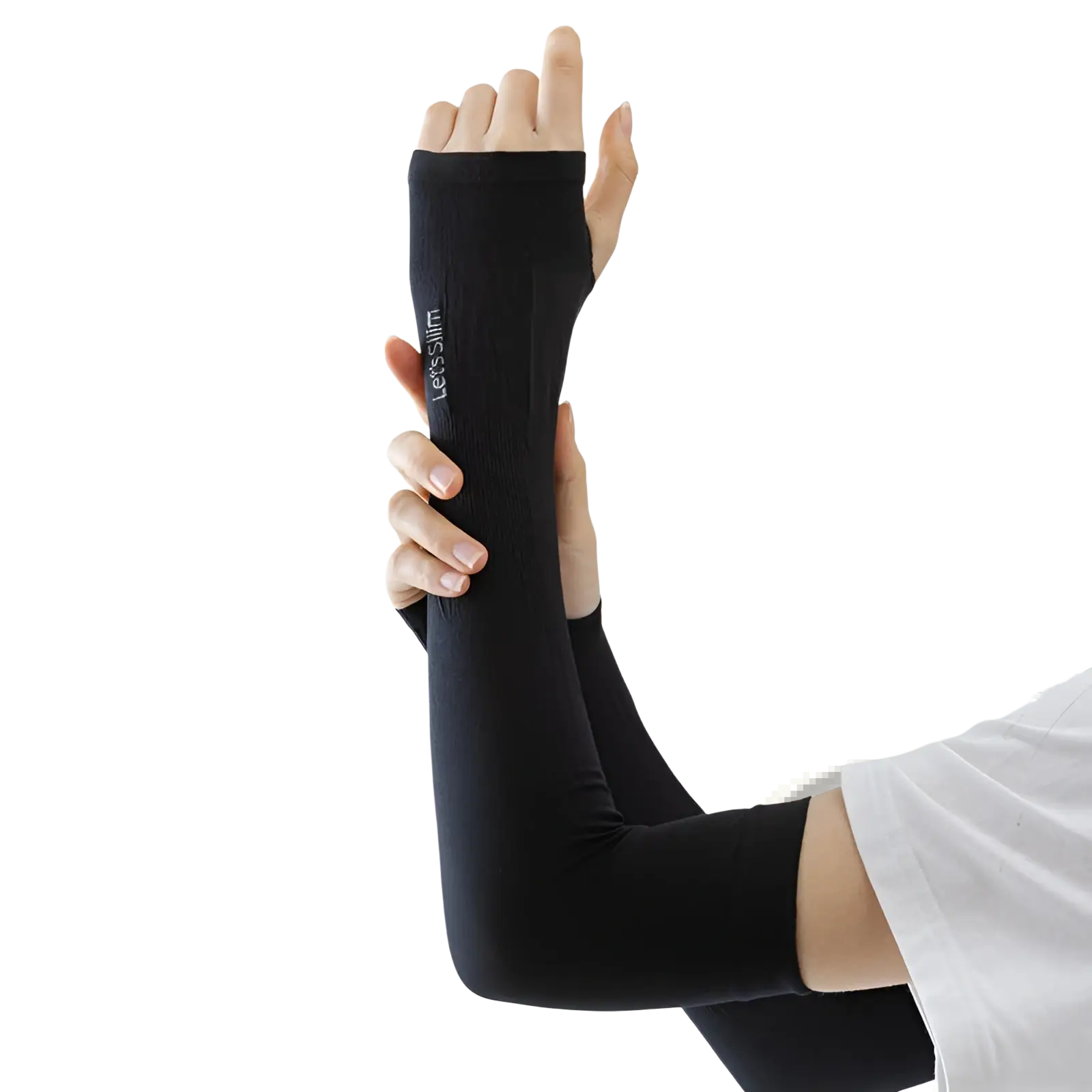 Black slim-fitting uv protection cooling arm sleeves with ribbed texture and lets slim branding for outdoor sports use