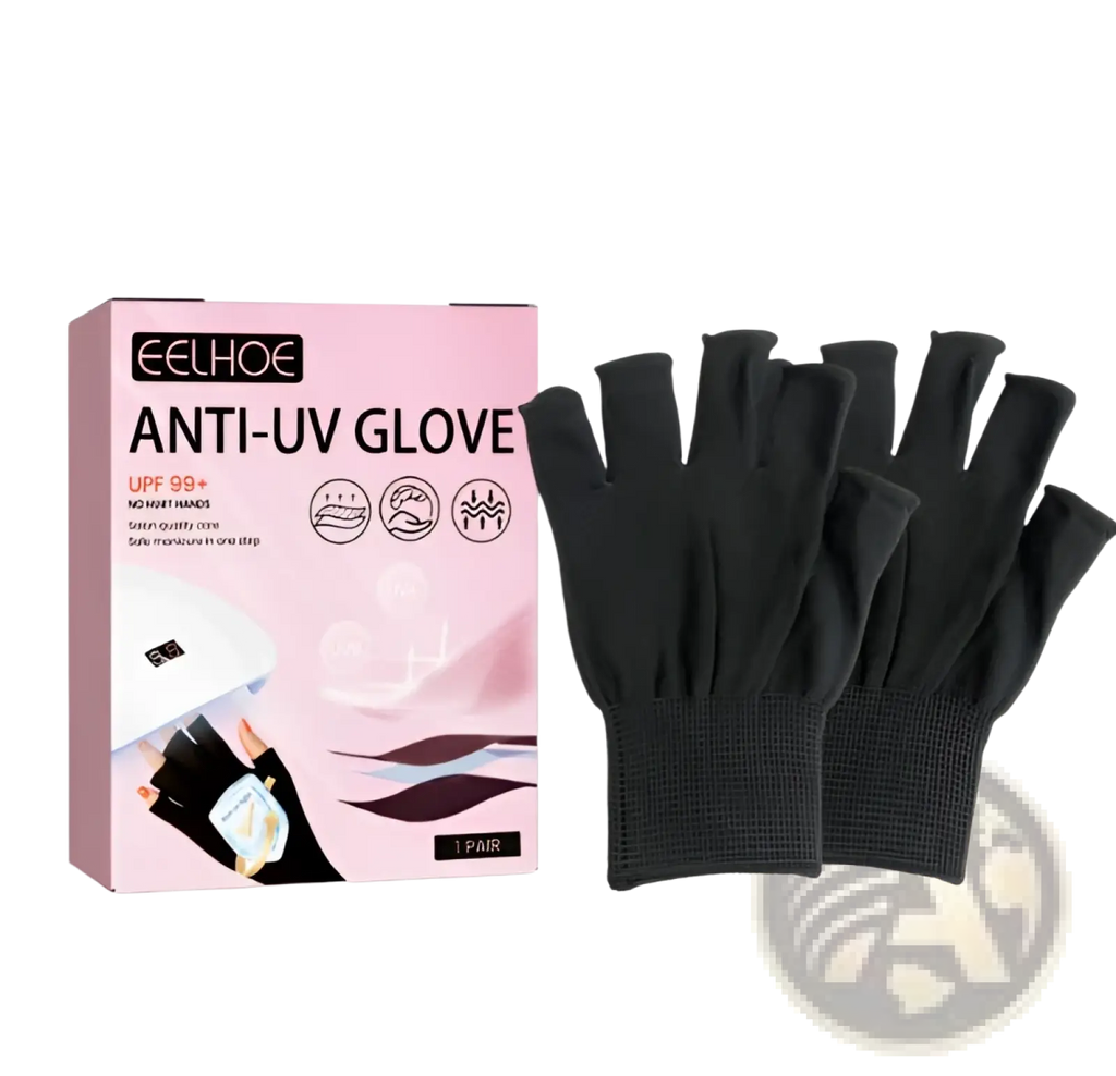 Black fingerless uv protection gloves with stretchy knit material and reinforced wrist cuffs for nail care use