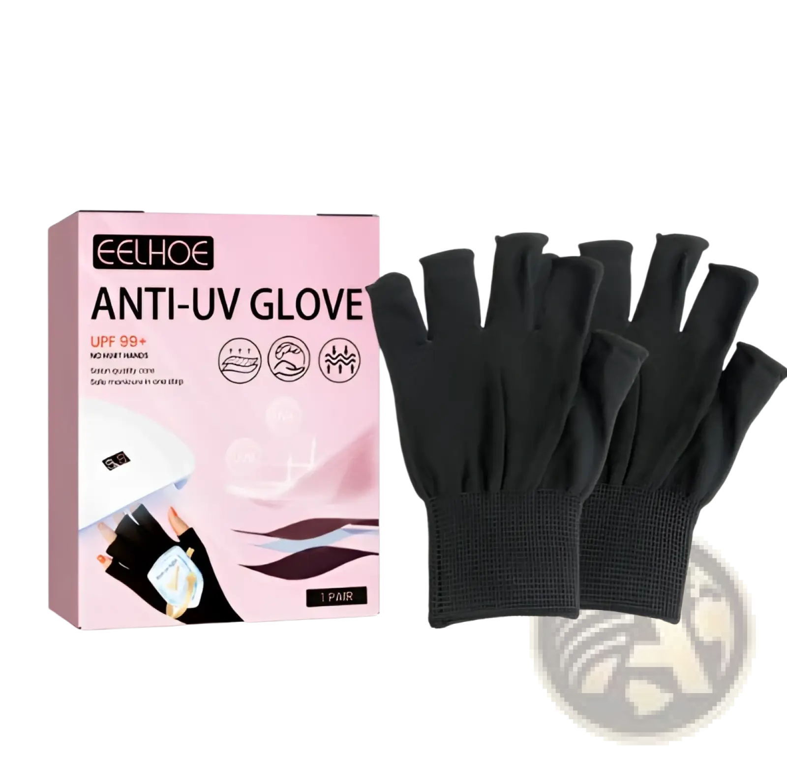 Black fingerless uv protection gloves with stretchy knit material and reinforced wrist cuffs for nail care use