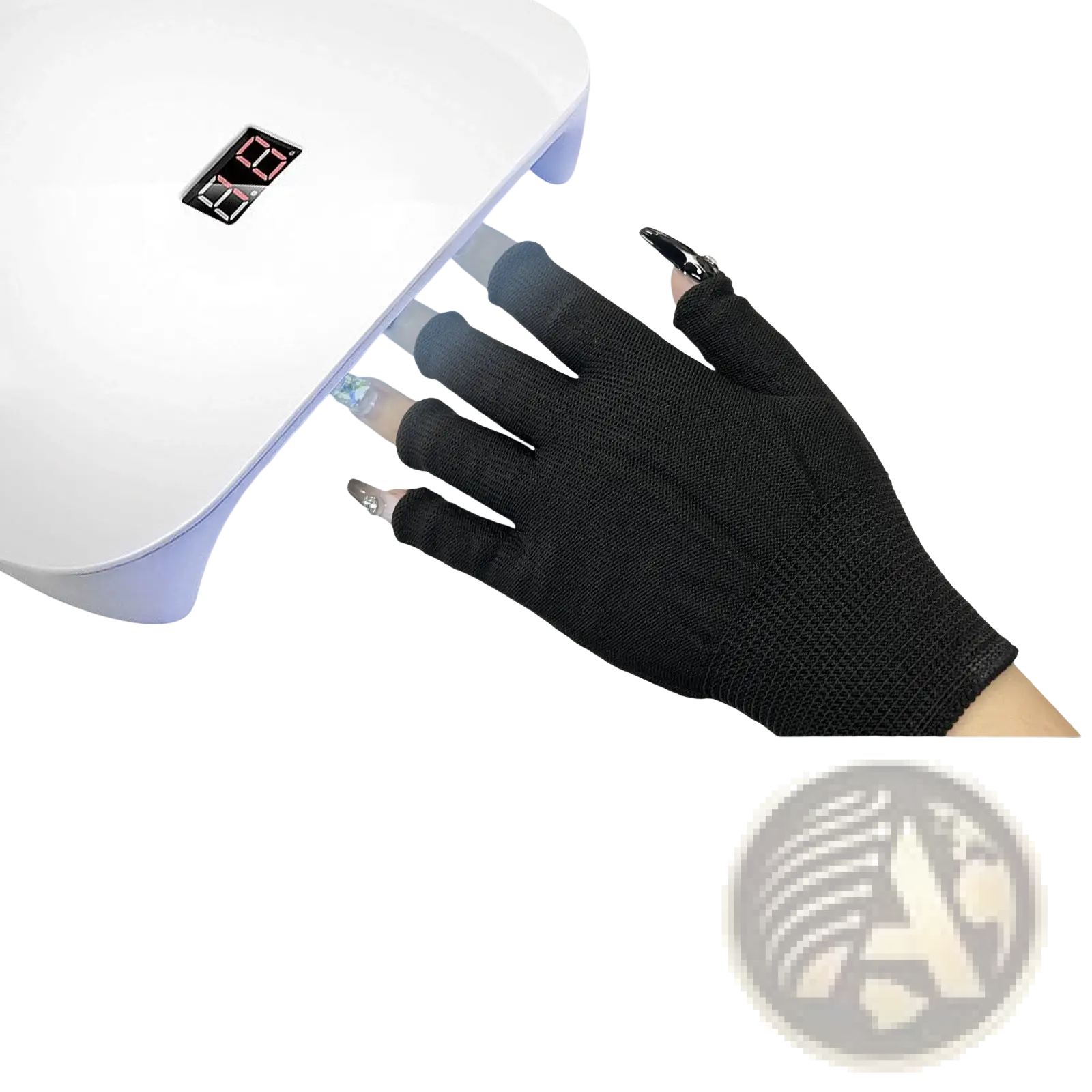 Black fingerless uv protection glove worn on hand under white uv lamp for nail care and drying purposes
