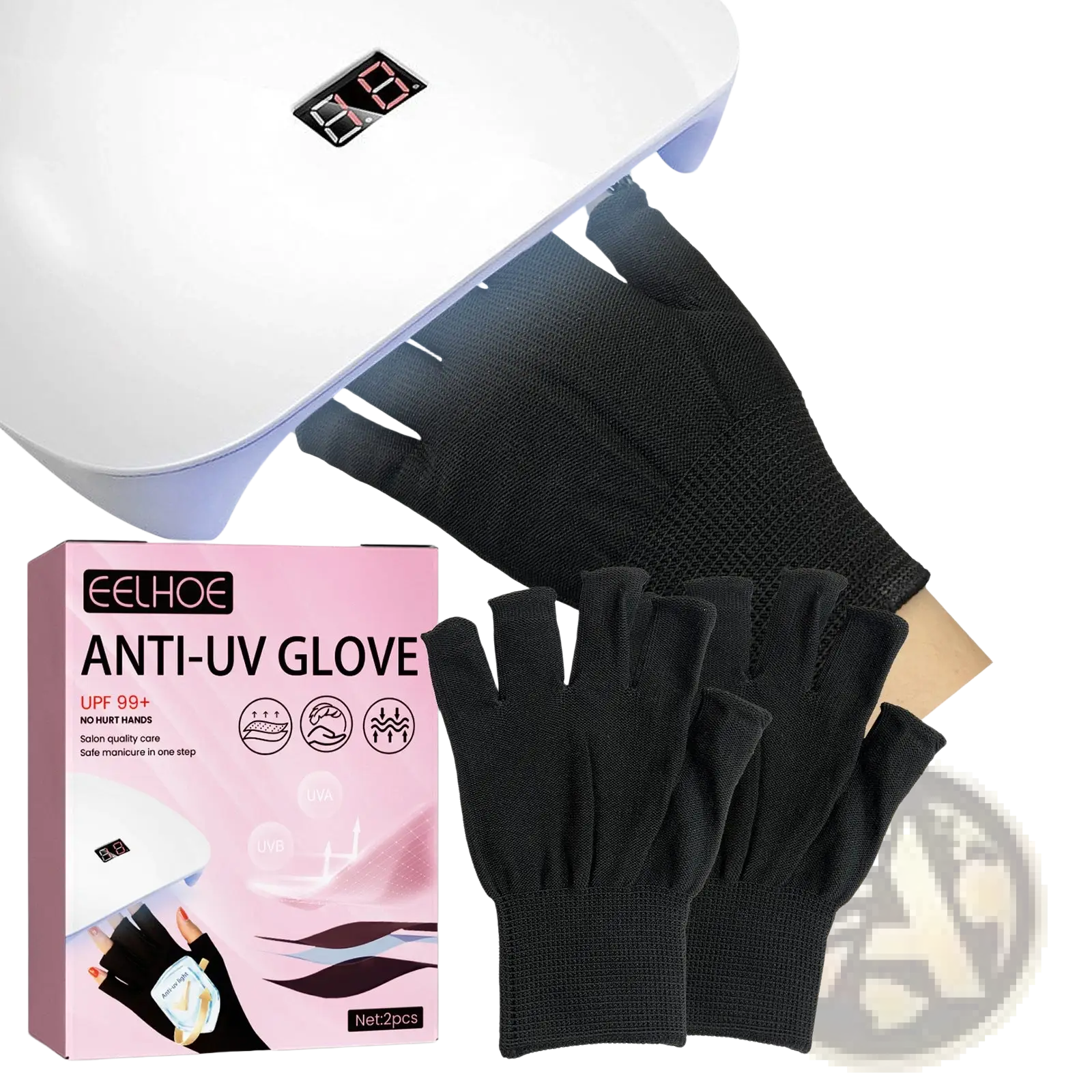 Black fingerless uv protection gloves for nail care made of breathable mesh fabric with a snug fit shown from the back
