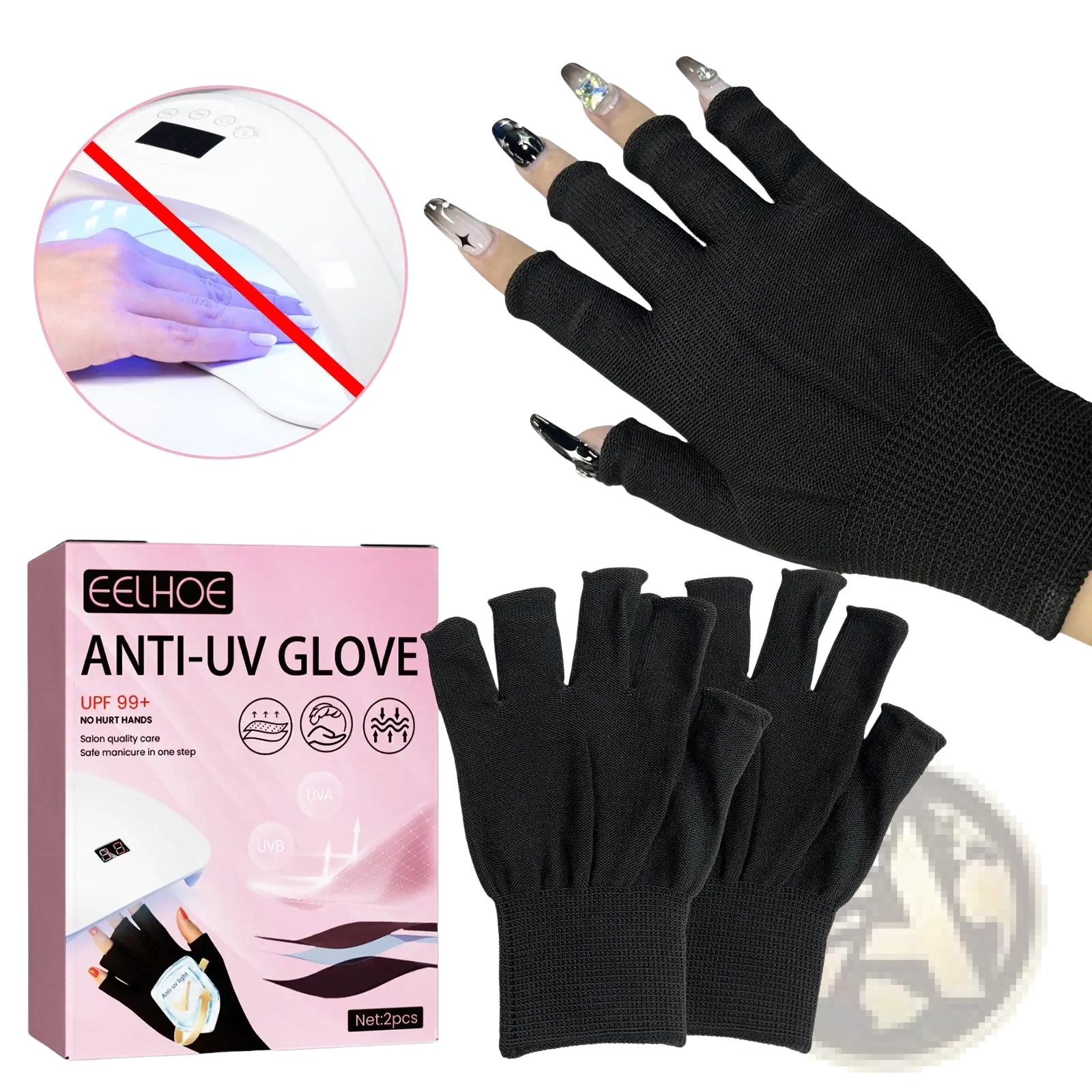 Black fingerless uv protection gloves for nail care made of snug knit fabric with uv rating 99 plus shown from back side